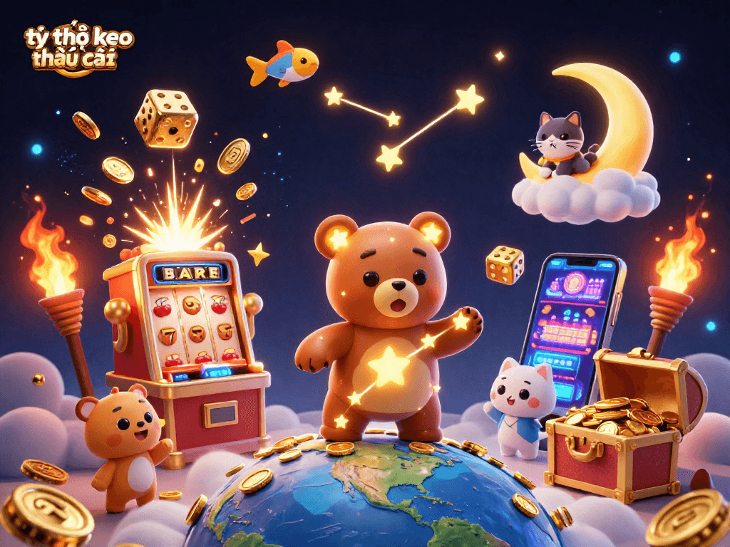 Tỷ lệ kèo nhà cái illustrated with a constellation bear playing slots amidst vibrant casino elements.