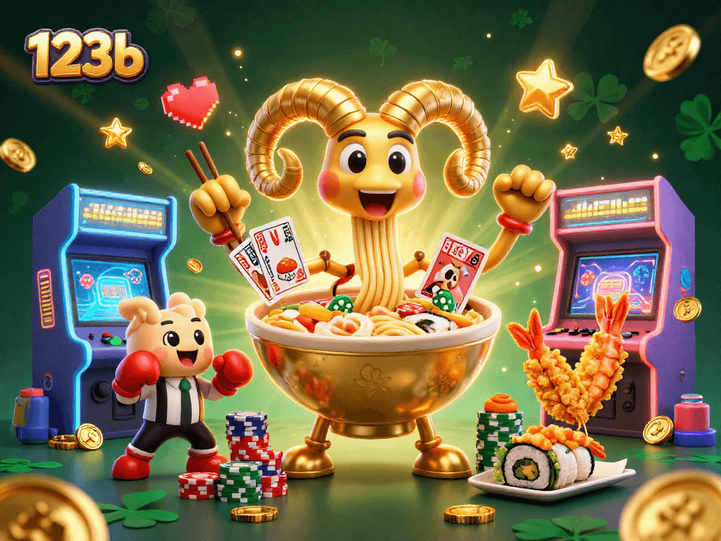 Engage with vibrant 123b casino games featuring a golden ramen bowl dealing cards surrounded by cheering characters.