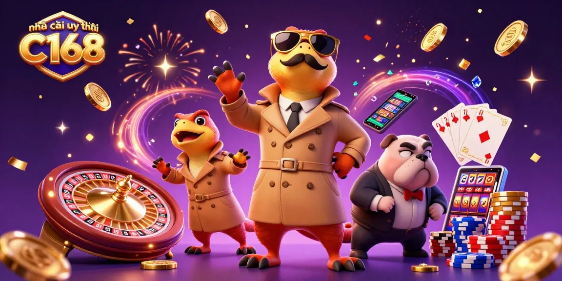 Engage with nhà cái uy tín C168, showcasing animated raptors and a bulldog in a vibrant casino scene.