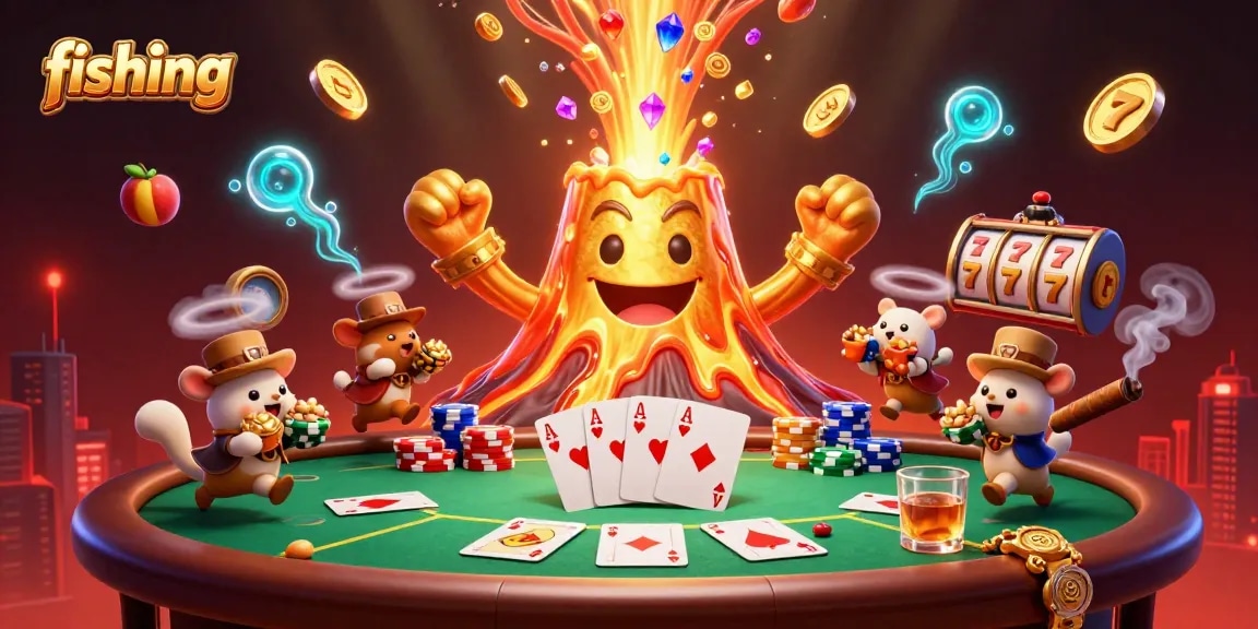Fishing for treasures amidst a vibrant scene of a golden volcano erupting with riches and poker elements.