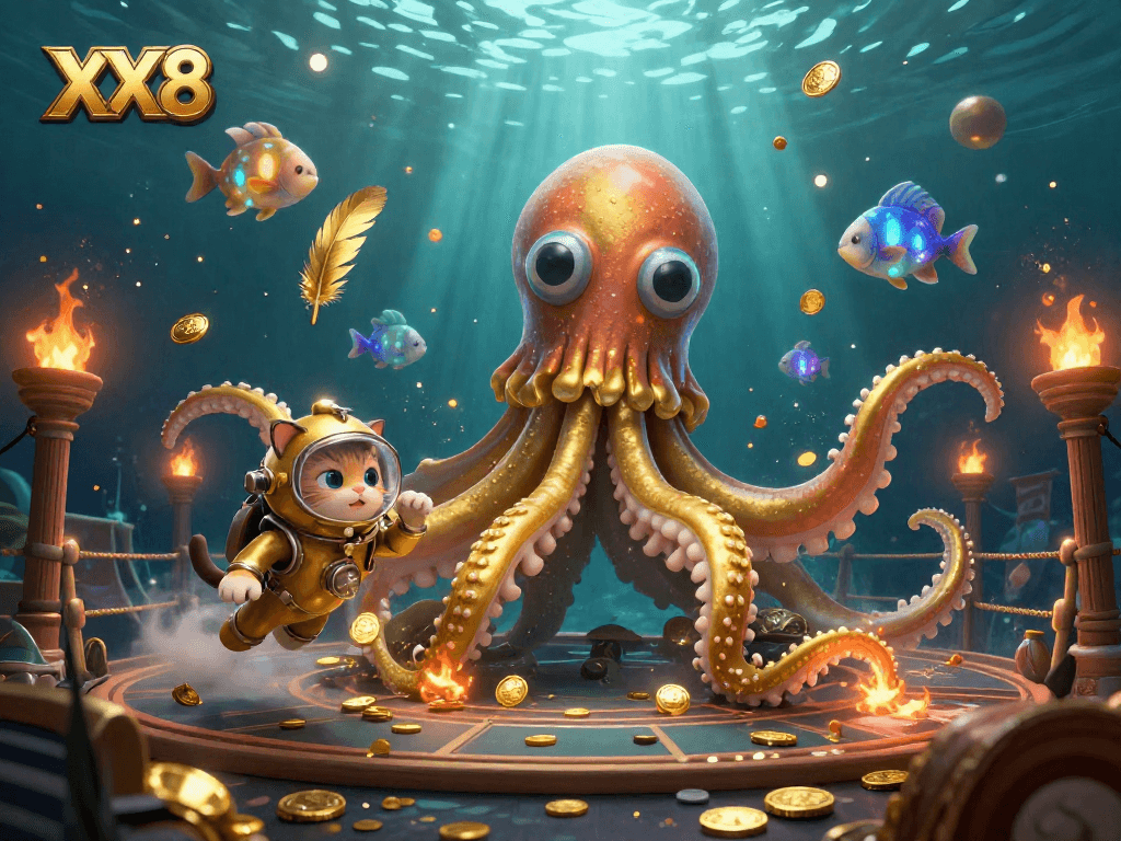 XX8 captivates with a lively underwater casino scene featuring a kraken, diving cat, and glowing fish.