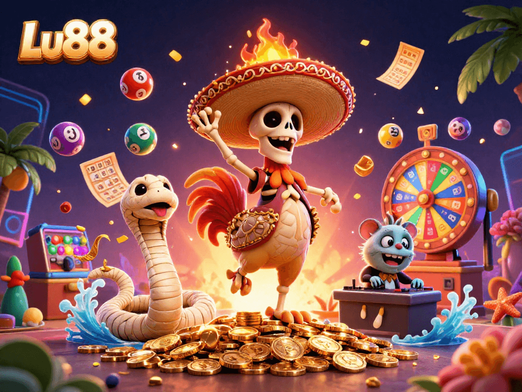 Lu88 engages with vibrant lottery elements, featuring a festive mariachi rooster and dynamic gold coins.