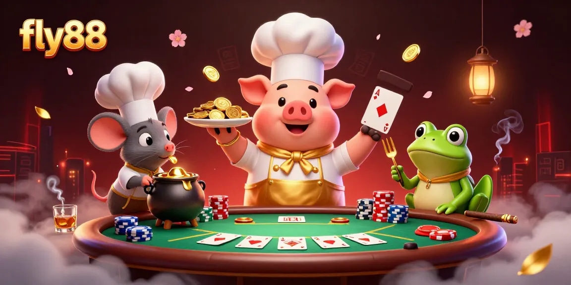 Experience thrilling gameplay at fly88 with gourmet gambling fun featuring gold coins and poker elements.