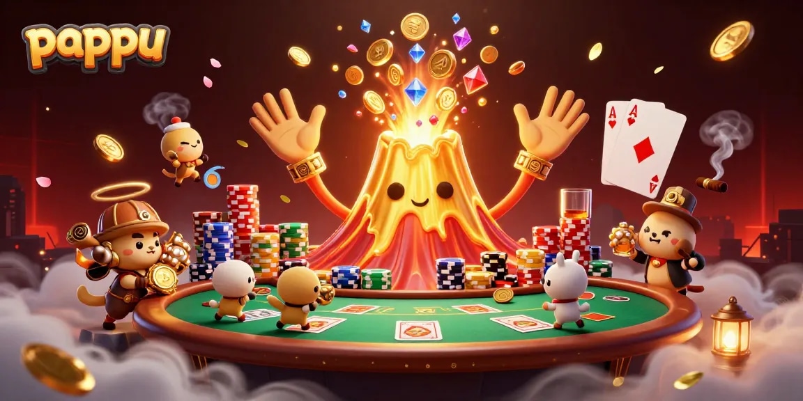 Pappu game showcases a golden volcano erupting coins and gems with poker table elements