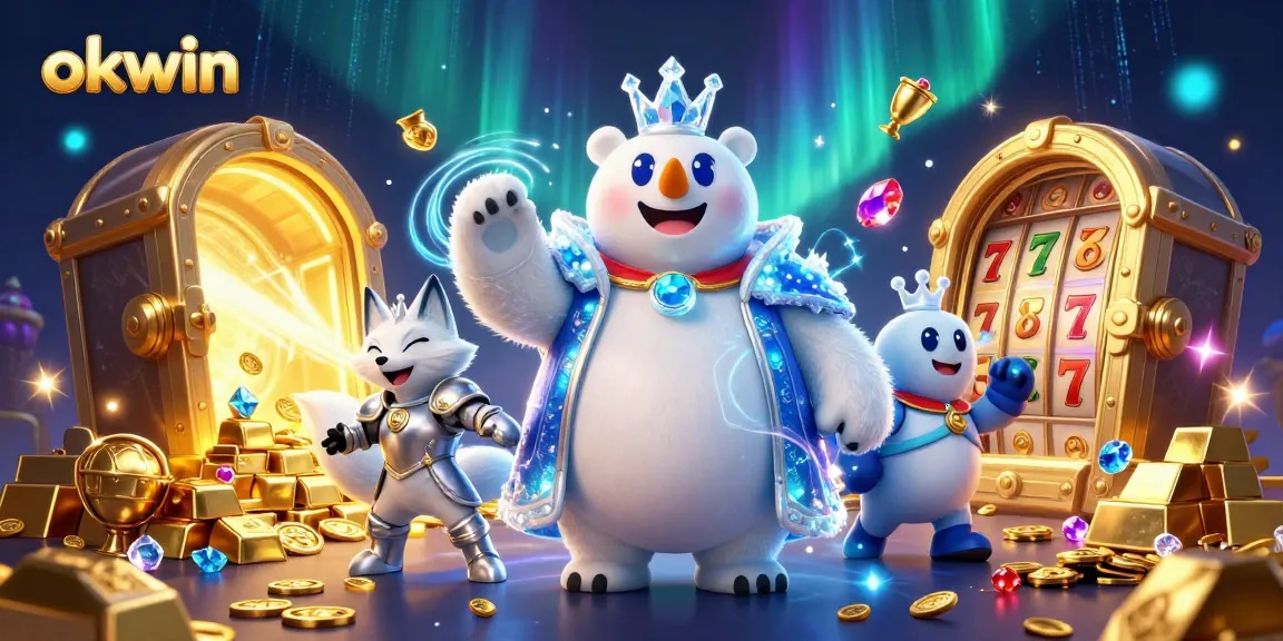 Play games at okwin and win remarkable treasures, featuring a cartoon ice king and a snow fox.