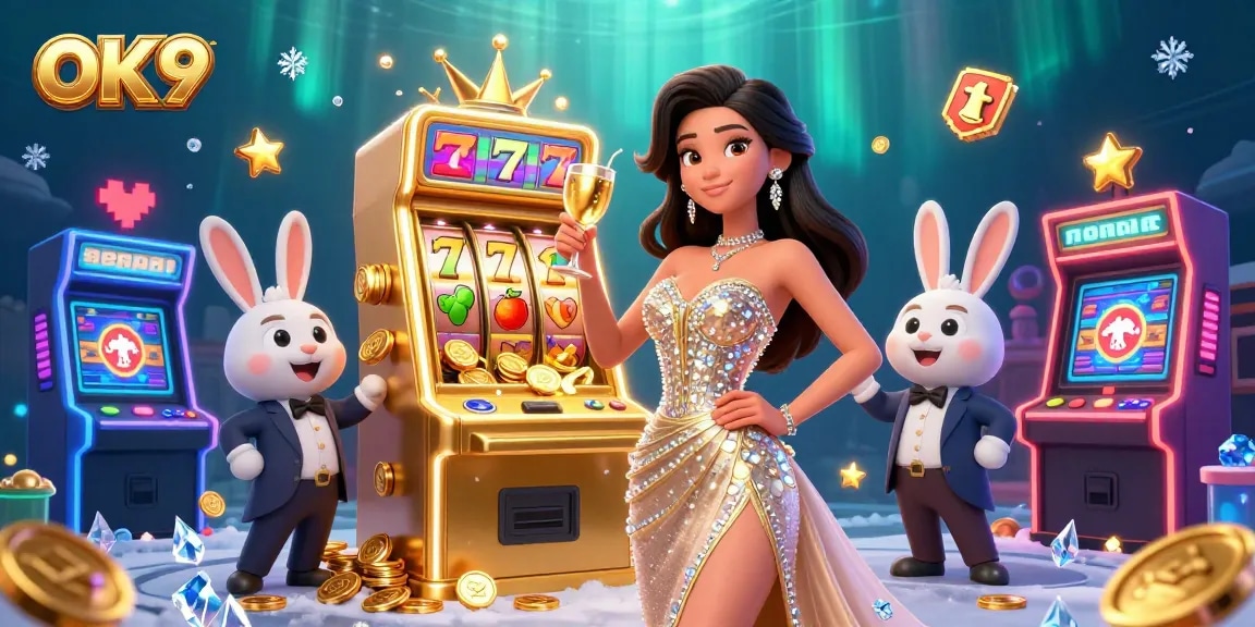 Engage in thrilling gameplay at OK9 with a glamorous setting featuring a jackpot slot machine and vibrant game elements.