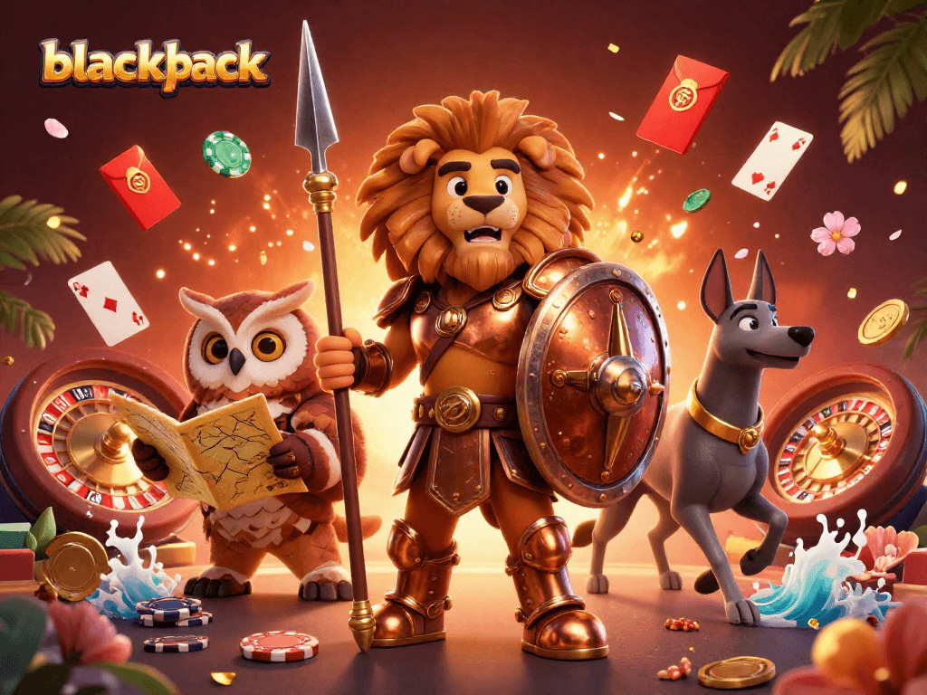 Experience the thrill of blackjack with an armored lion and strategic characters in vibrant 3D illustration.