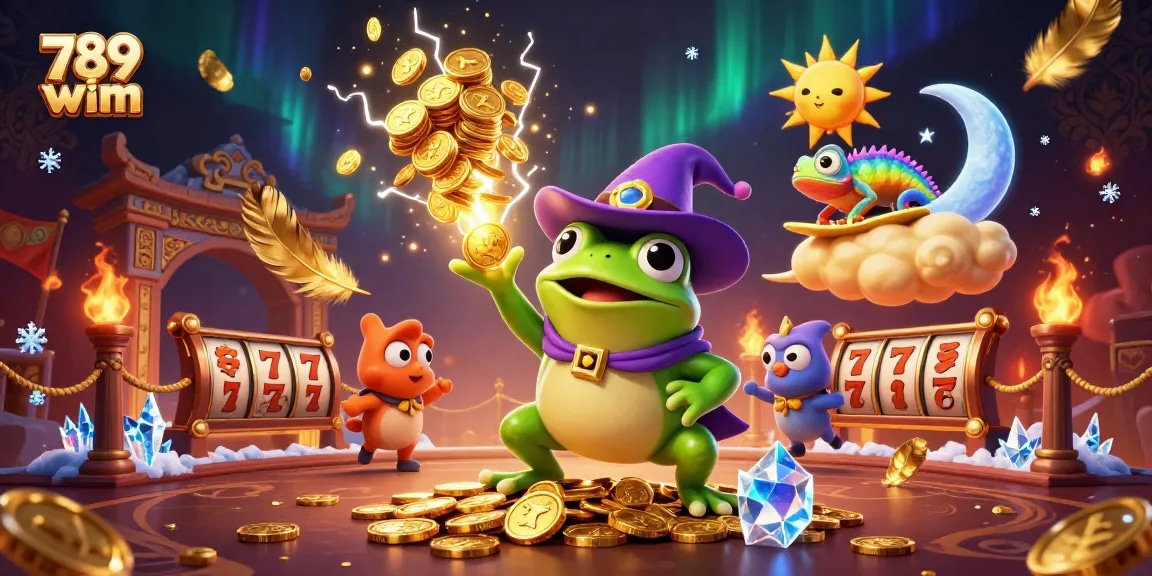 Experience the magic of 789 wim with a cartoon wizard frog and golden coins in an interactive casino scene.