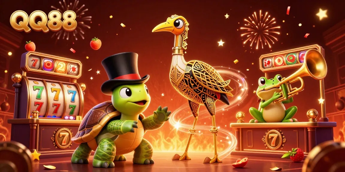 Experience thrilling gameplay with QQ88's vibrant casino scene, featuring engaging slot reels and dynamic characters.