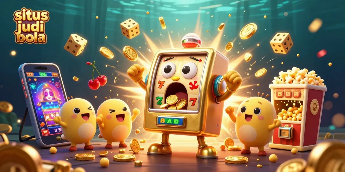 Situs judi bola yang menampilkan mesin slot emas yang terkejut saat jackpot muncul, dikelilingi karakter lainnya.
