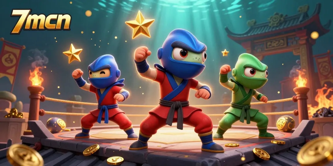 Engage in thrilling gameplay with 7mcn’s ninja chameleon team battling amid a vibrant casino arena.