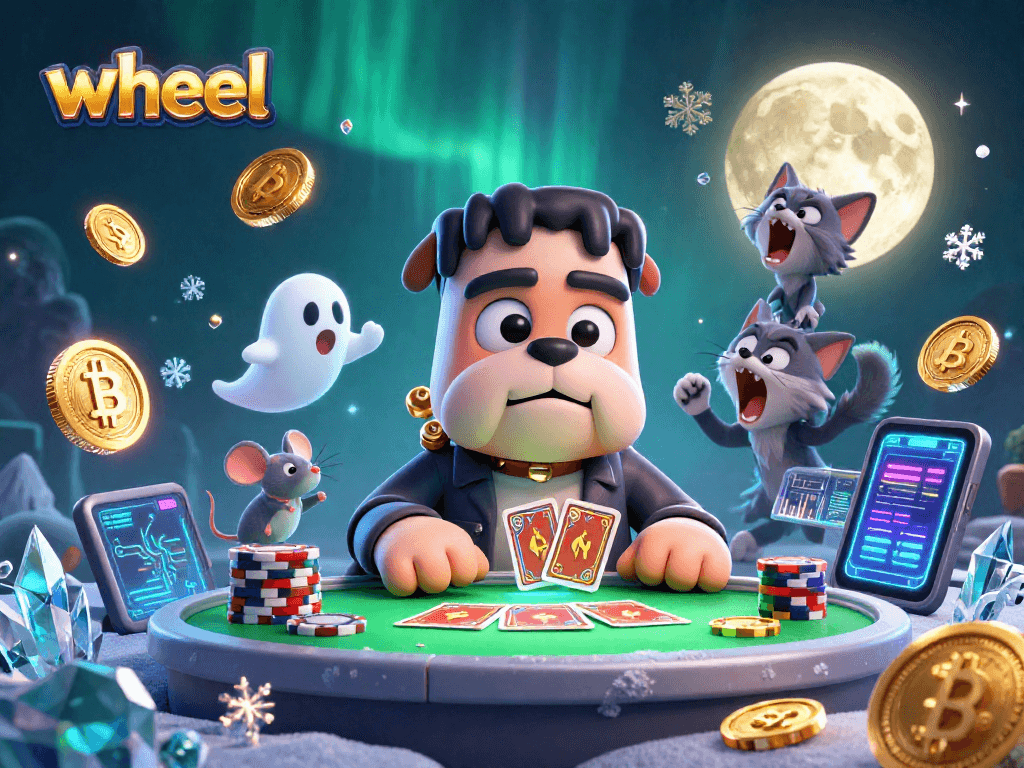 Spin the wheel at an online casino featuring unique characters and vibrant crypto elements.
