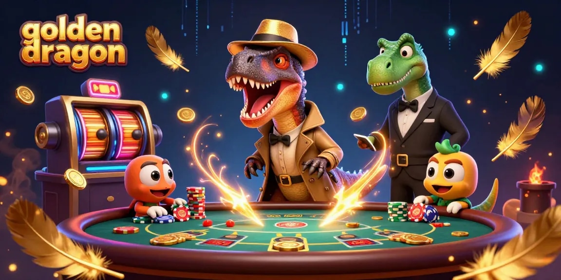 Win big with golden dragon slot reels featuring a velociraptor and a stegosaurus in a dynamic casino scene.