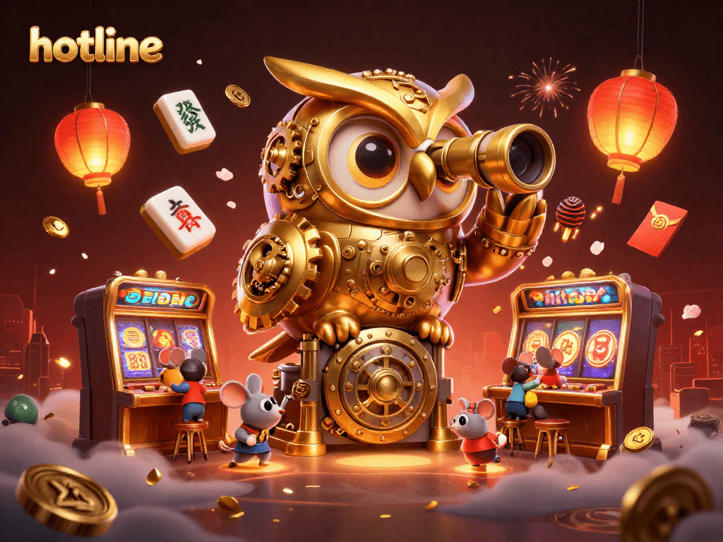Engage with hotline gaming excitement featuring a golden owl, whimsical characters, and vibrant casino elements.