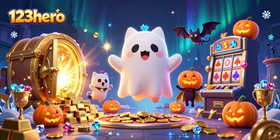 Experience thrilling gameplay at 123hero with a ghost cat and vampire bat in a haunted casino.
