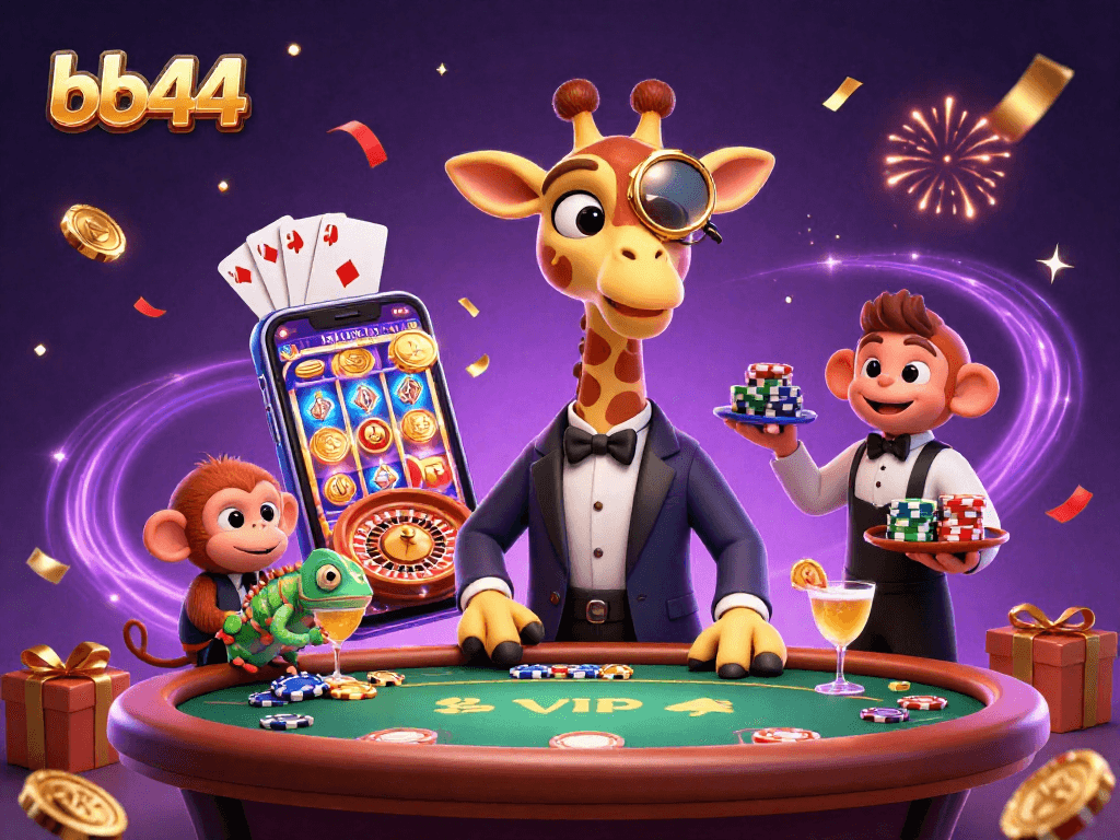 Experience the thrill of bb44 casino with a vibrant 3D illustration of cheerful characters celebrating at a poker table.