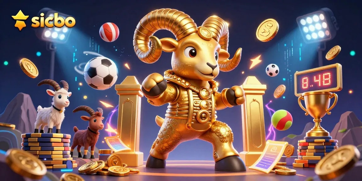 Sicbo game action featuring a dynamic scene with a golden ram and sports elements flying around.