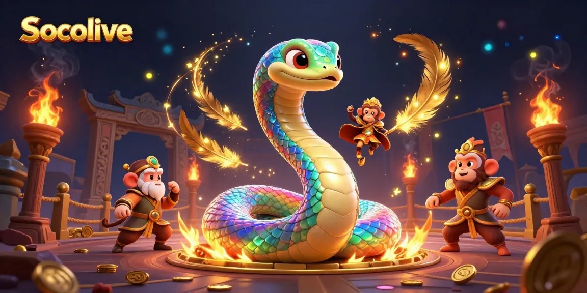Socolive showcases a vibrant 3D scene with a rainbow serpent and a golden monkey king celebrating gambling excitement.