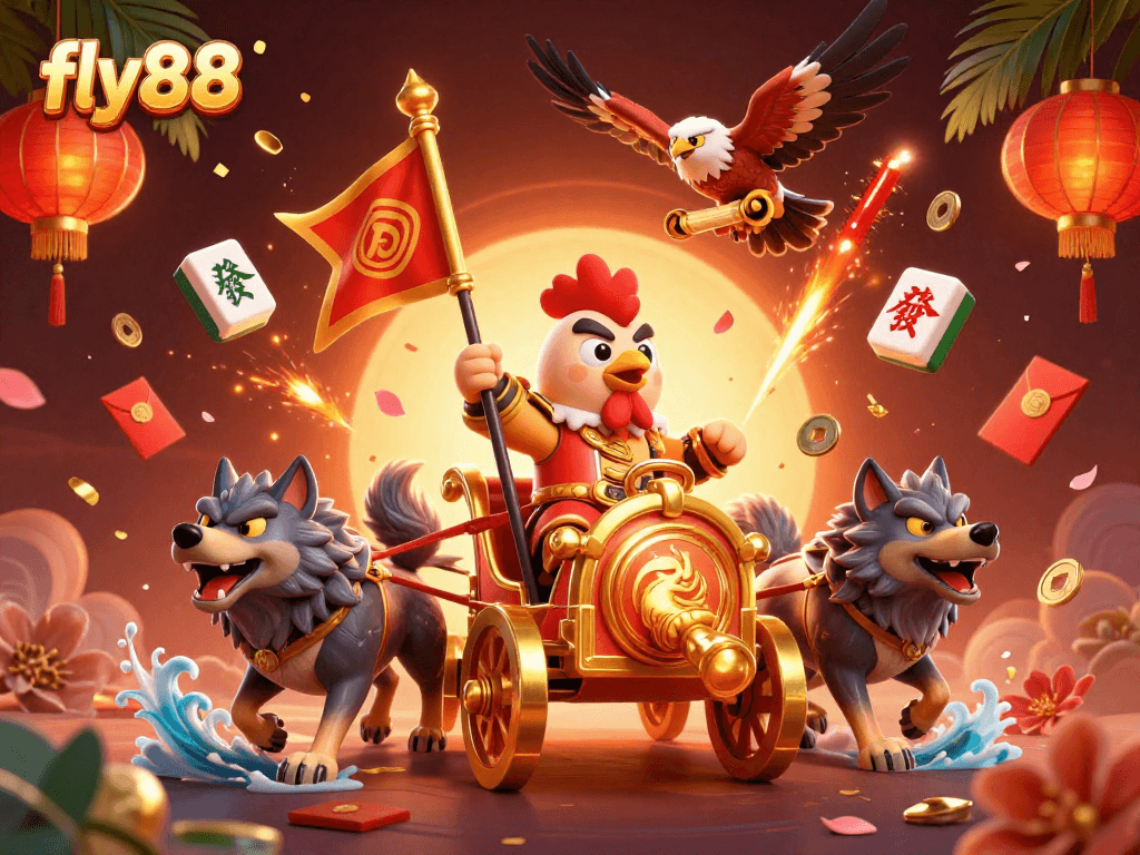 Engage with thrilling action at fly88 featuring a rooster warlord leading a dynamic gambling scene.