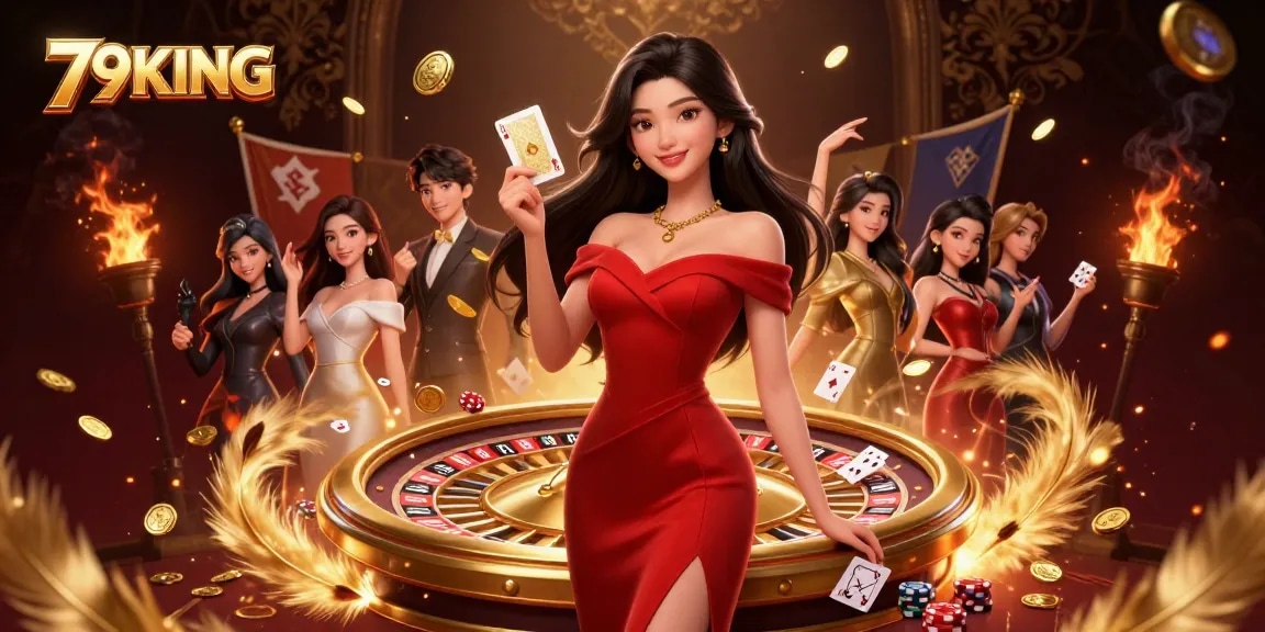 Experience the thrilling excitement of 79KING with a glamorous scene of a confident gambler.