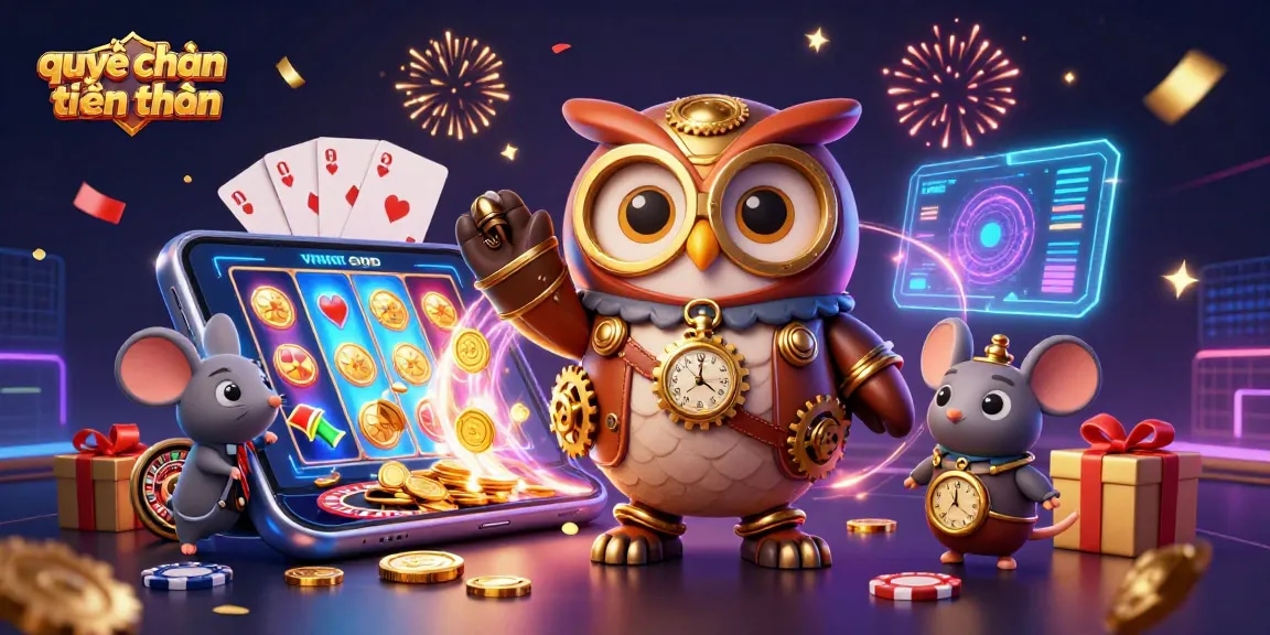 Engage in quyết chiến tiền thưởng with vibrant characters, slot games, and casino elements in a dynamic scene.
