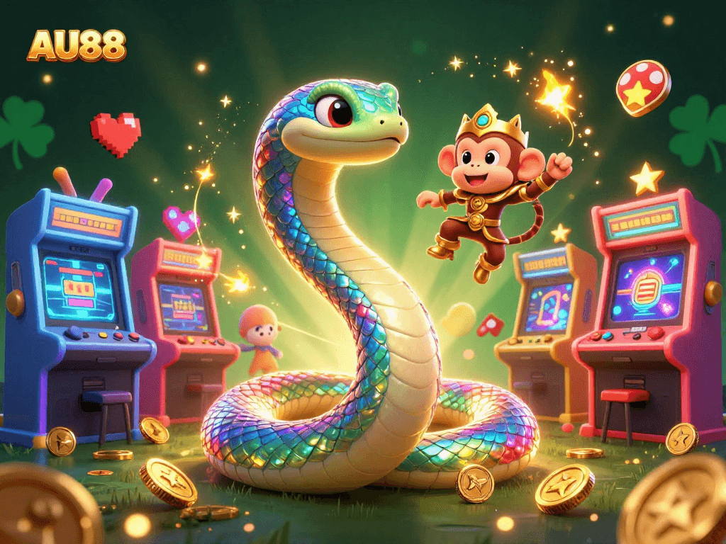 Engage in thrilling gameplay with AU88's 3D rainbow serpent and monkey king on a vibrant casino floor.