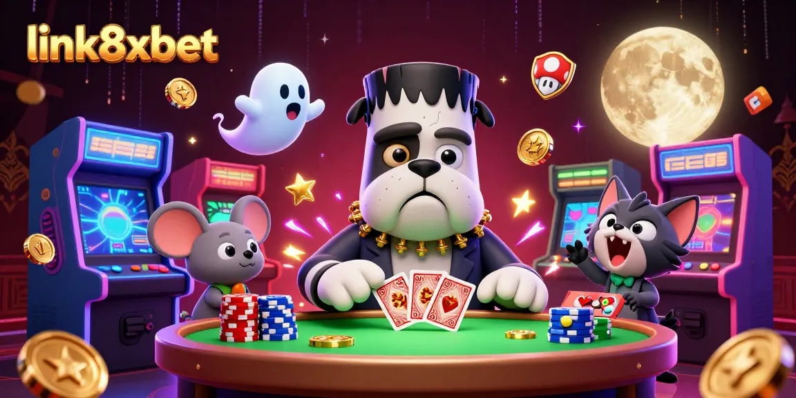 Experience thrilling moments at link8xbet with a spooky casino scene featuring a cartoon bulldog dealer and a werewolf kitten.
