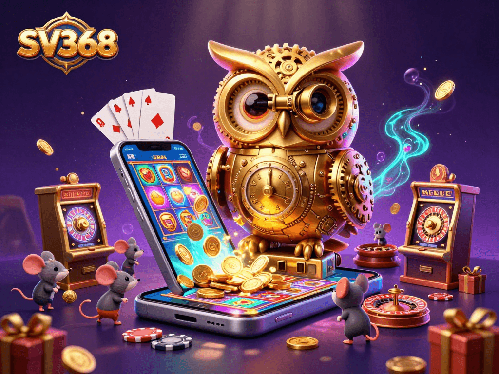 Join the excitement with SV368 as the clockwork owl surveys a vibrant casino floor filled with action.
