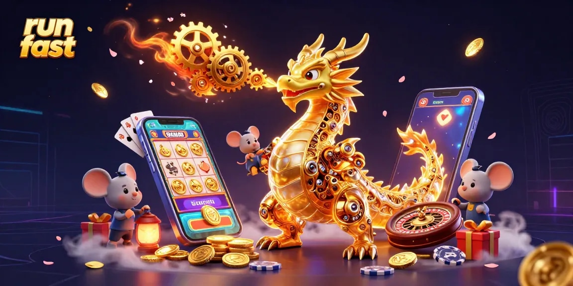 Experience the excitement of run fast with a dragon illustration surrounded by dynamic casino elements.