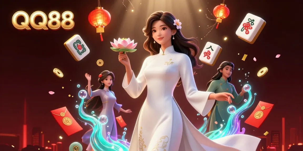 Experience the vibrant world of QQ88 casino with this enchanting 3D illustration showcasing a serene Asian woman amidst dynamic gaming elements, promoting exciting gameplay.