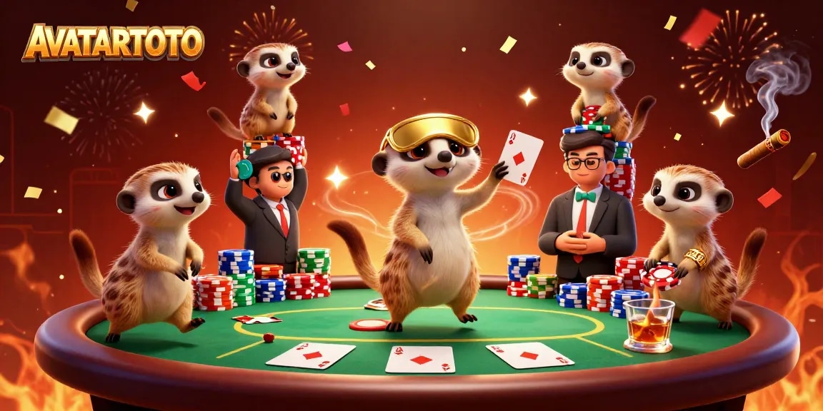 AVATARTOTO showcases a lively casino scene with meerkats as characters, embodying fun and excitement in gaming.