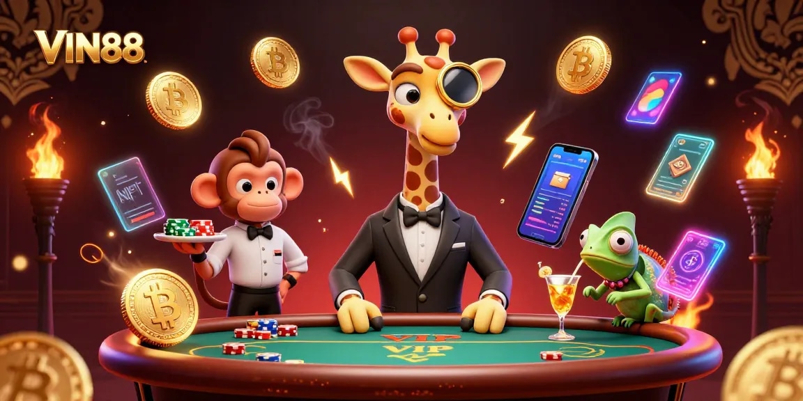 Engage with VIN88's thrilling gaming atmosphere alongside a high-roller giraffe and unique characters.