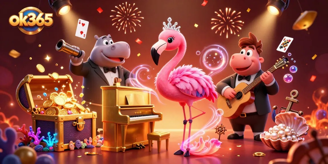 Experience excitement with ok365's vibrant casino scene featuring a flamingo singer and hippo bassist.