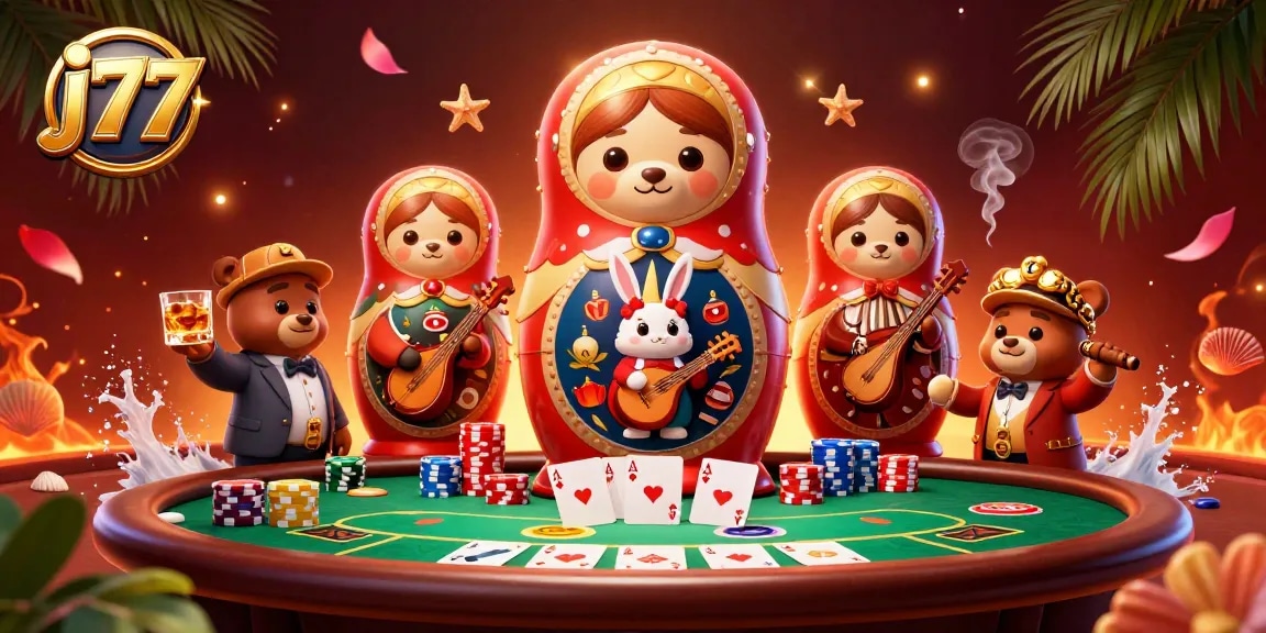 Experience thrilling gaming at j77 with cartoon bears and vibrant casino elements.