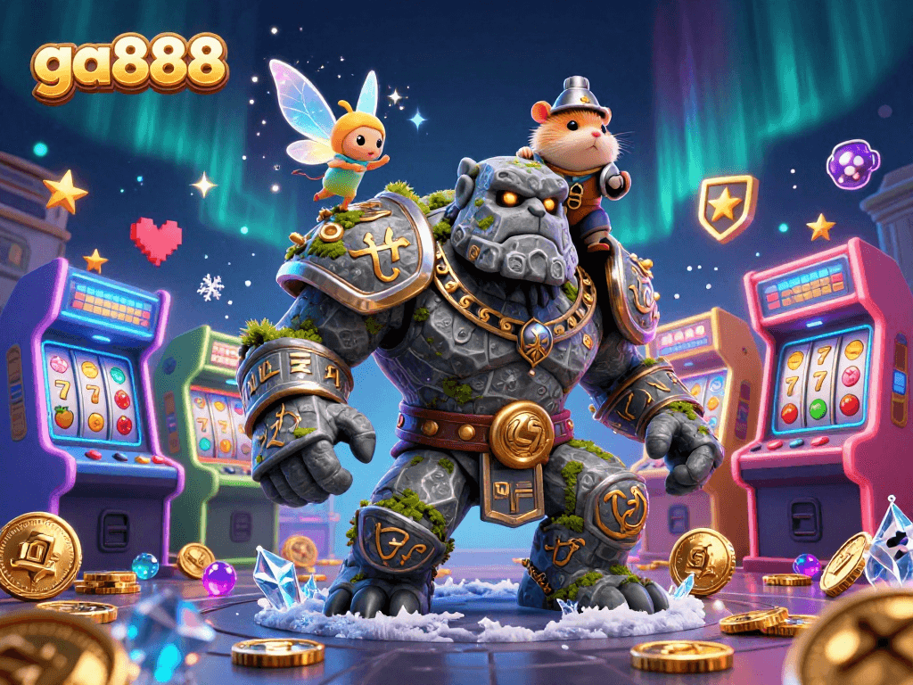Experience the magical world of ga888 as the golem guardian, fairy, and hamster knight engage in epic casino adventures.
