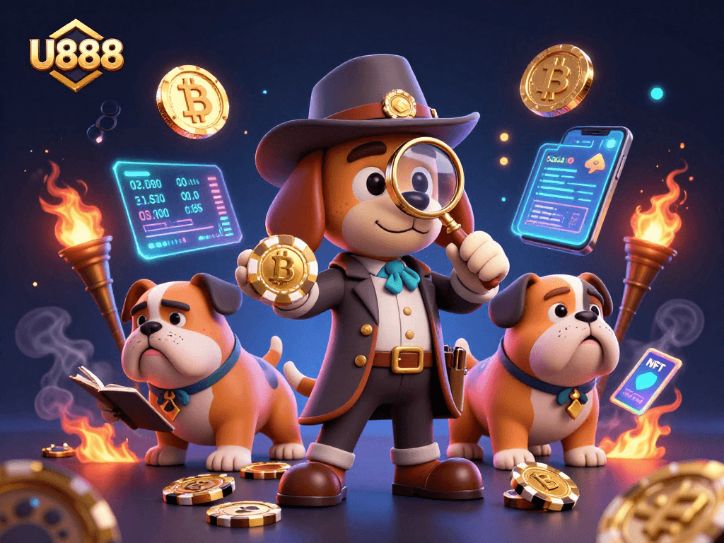 U888 players strategizing in a vibrant casino scene with treasures, crypto clues, and dynamic game elements.
