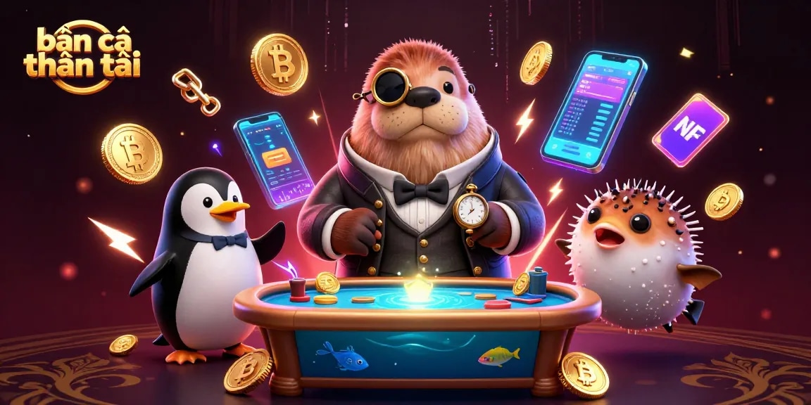 Bắn cá thần tài experience with a jolly walrus, penguin dealer, and a bluffing pufferfish at an underwater fish shooting table.