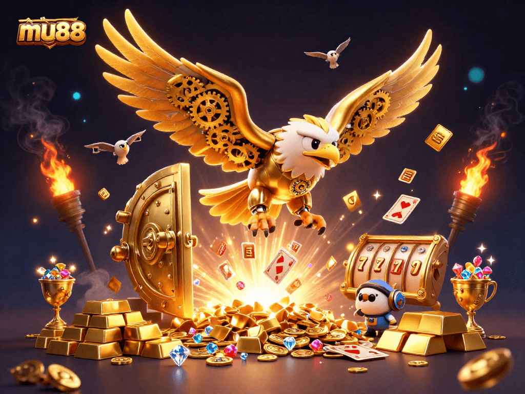 Mu88 showcases a 3D golden eagle diving among holographic cards, embodying excitement in online gaming.