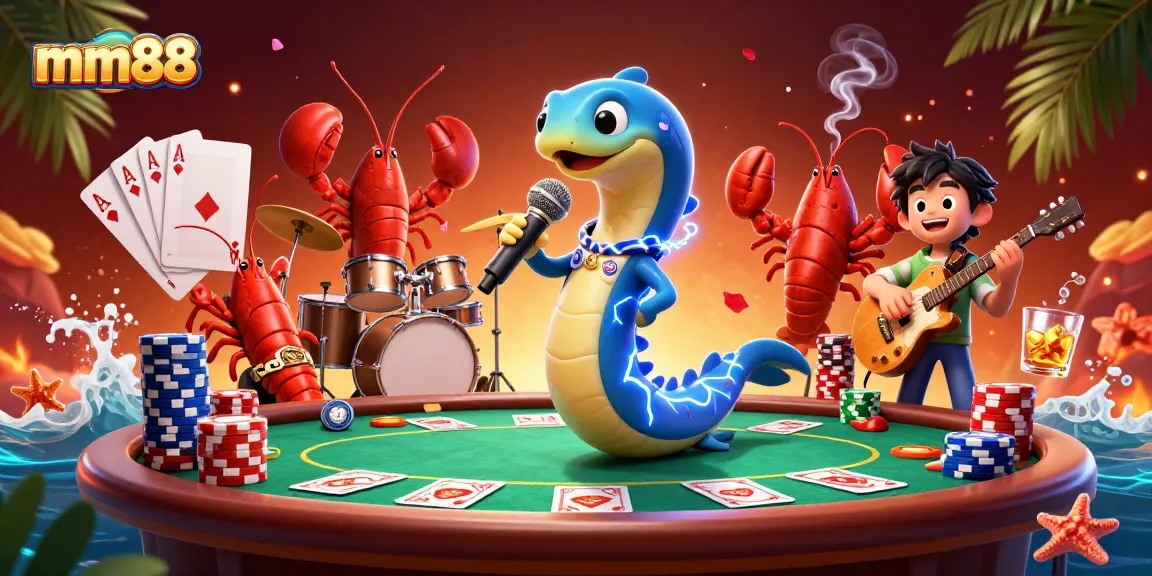 Engage in exciting poker action at mm88's vibrant underwater casino with lively characters.