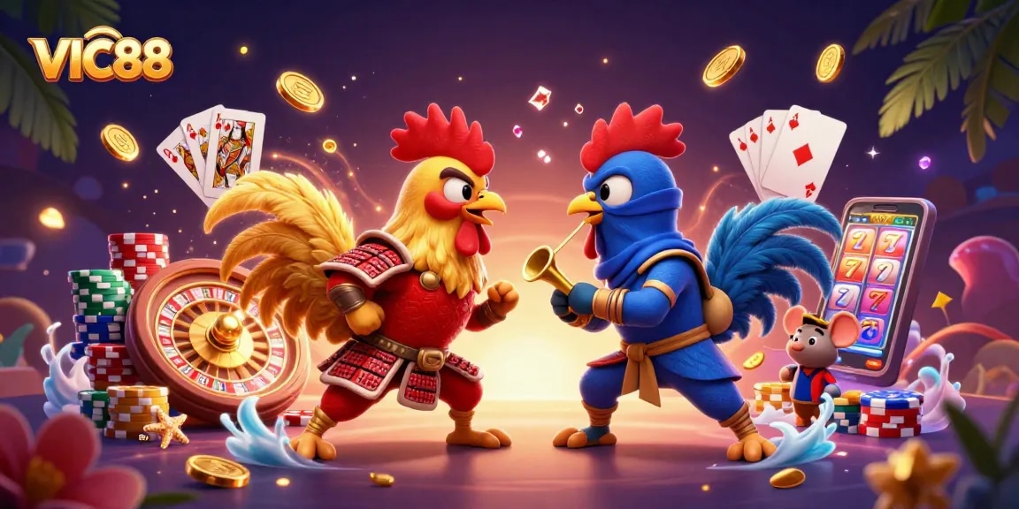 VIC88 presents an exciting 3D cartoon standoff with roosters in a casino backdrop.