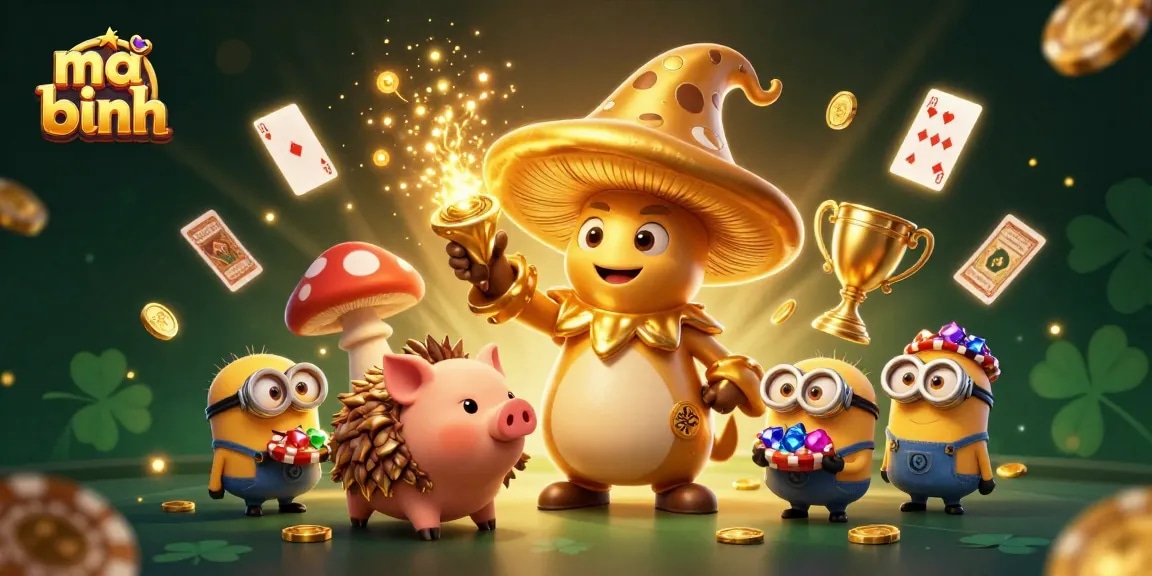 Engage in mậu binh with a magical scene featuring a golden mushroom wizard and treasure elements.