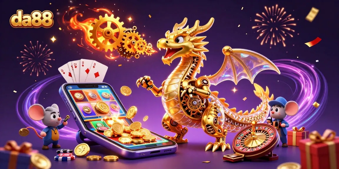 Experience winning thrill at da88 with a golden dragon and vibrant casino elements.