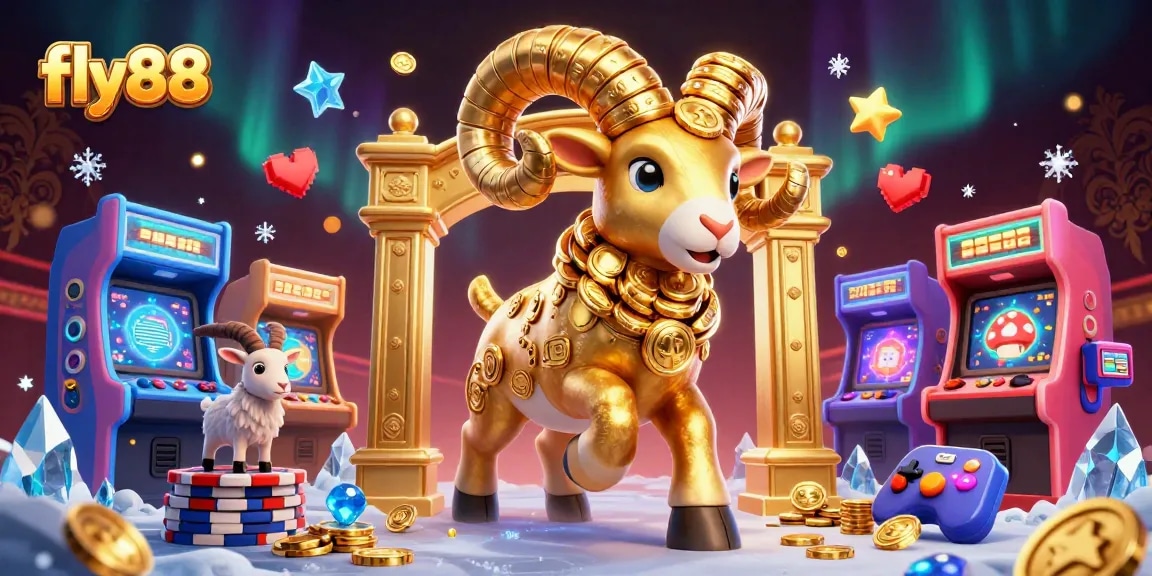 Engage with fly88 for thrilling gaming experiences through a spectacular illustration of golden ram and vibrant casino elements.