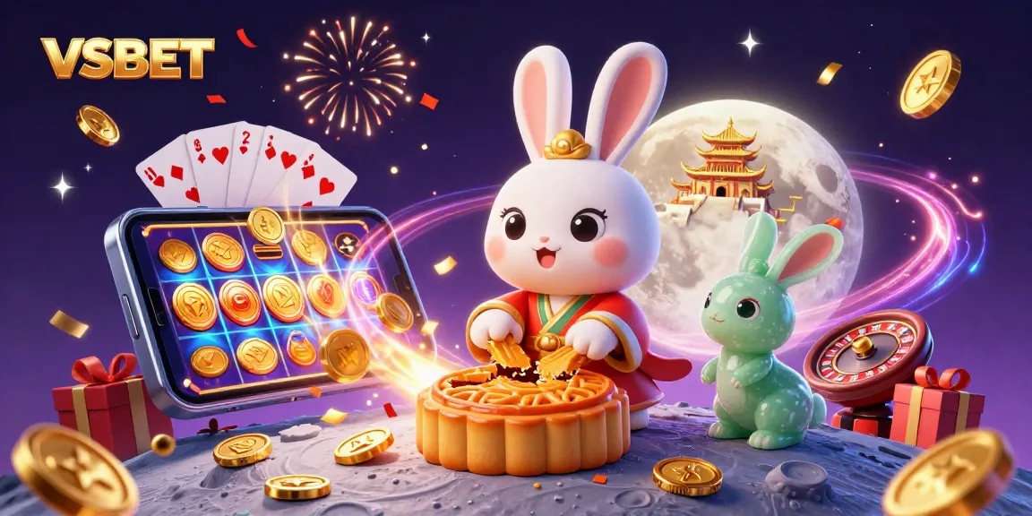 Experience thrilling gaming with VSBET as a lunar rabbit reveals poker chips and slot excitement.
