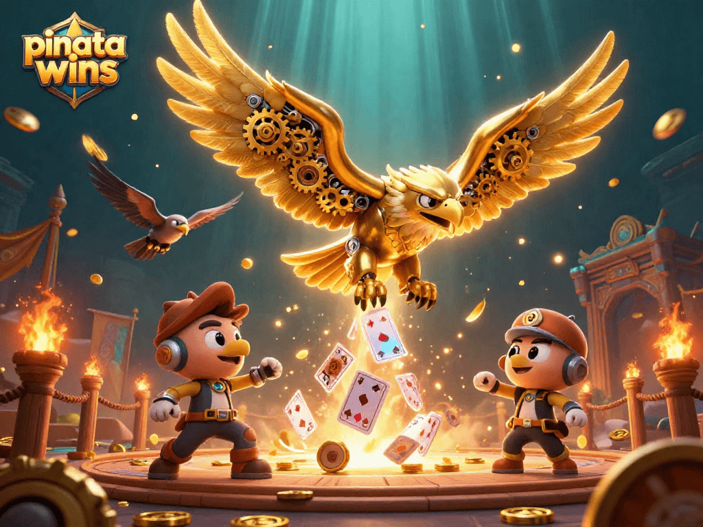 Engage in the excitement of pinata wins with a dynamic 3D illustration featuring golden eagles and colorful casino elements.