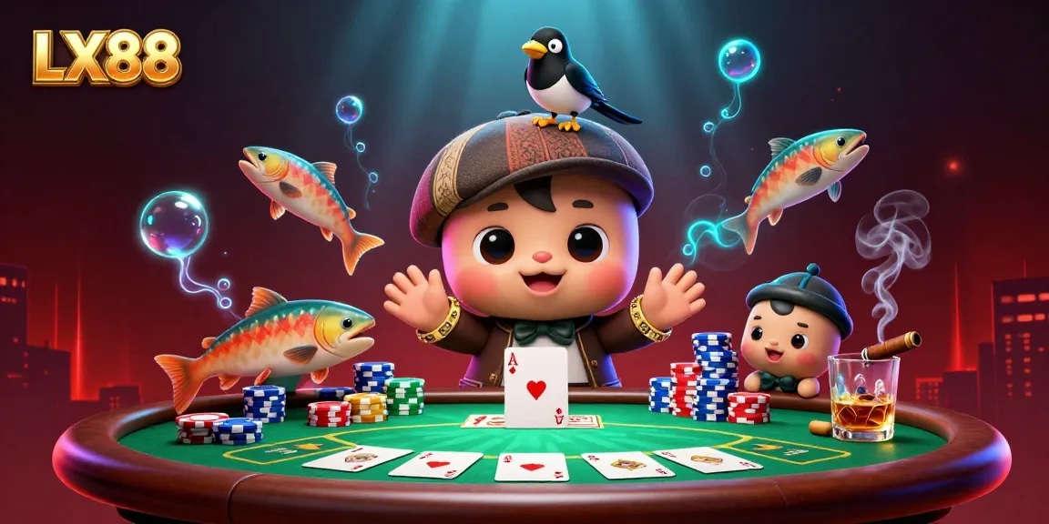 Engage in thrilling poker fun with LX88, featuring Nessie and a playful magpie in a vibrant casino