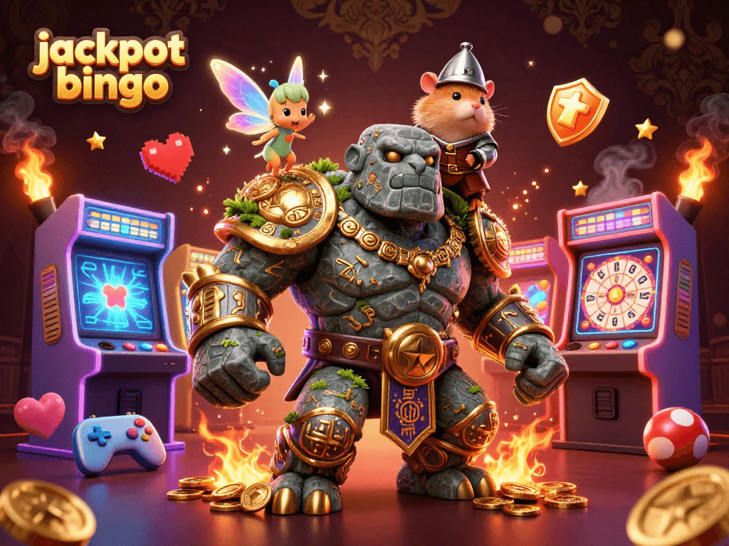 Experience jackpot bingo excitement with a magical golem, fairy, and hamster knight in vibrant 3D illustration