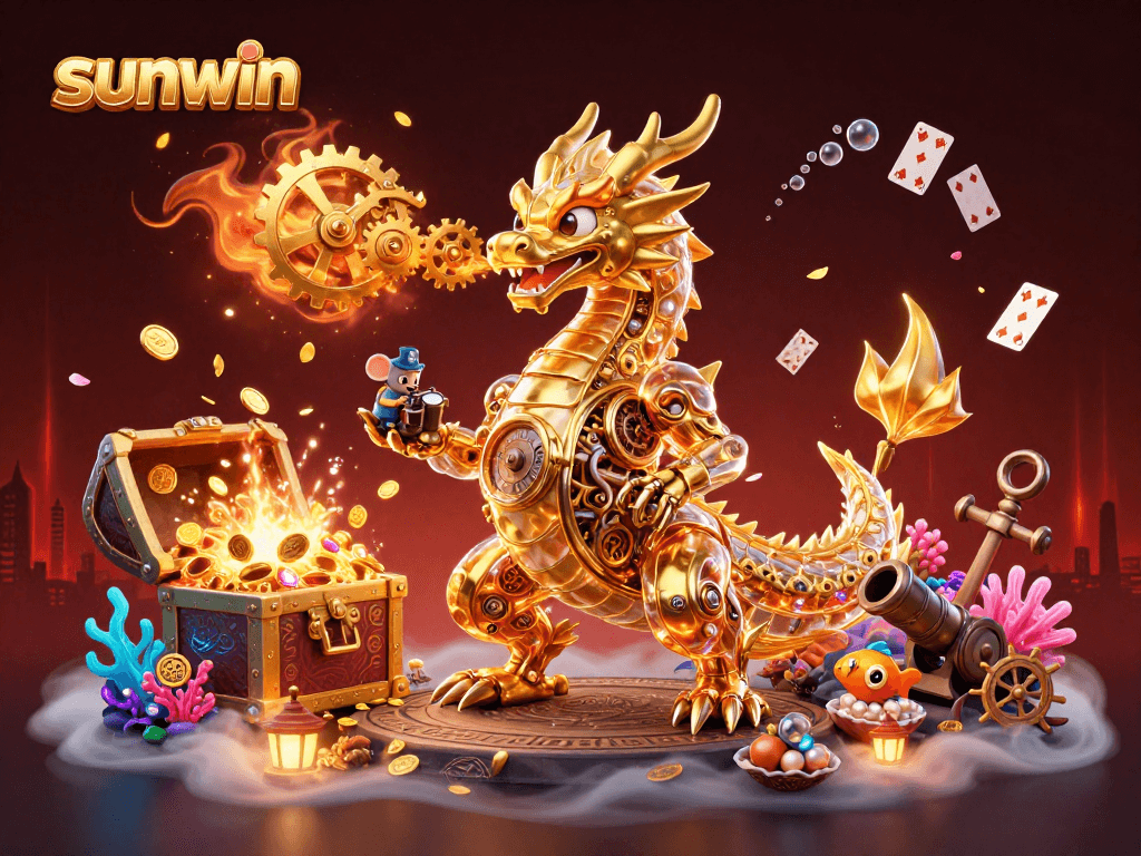 Experience thrilling gameplay at Sunwin with a majestic golden dragon amidst gold coins and vibrant treasures.