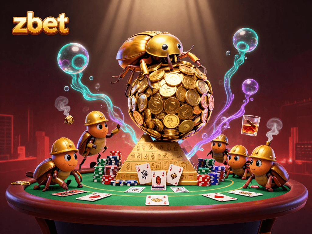 Experience the exciting world of zbet with a golden dung beetle rolling coins and poker elements.