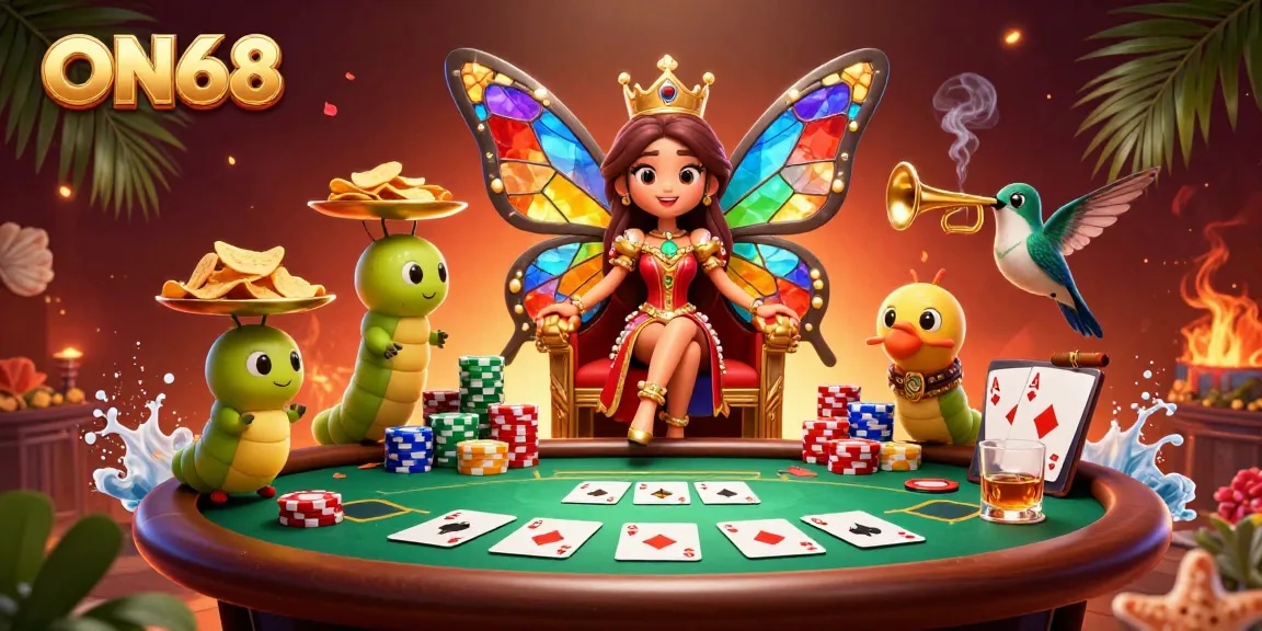 Experience thrilling gameplay at ON68 with a vibrant casino illustration of a butterfly queen.